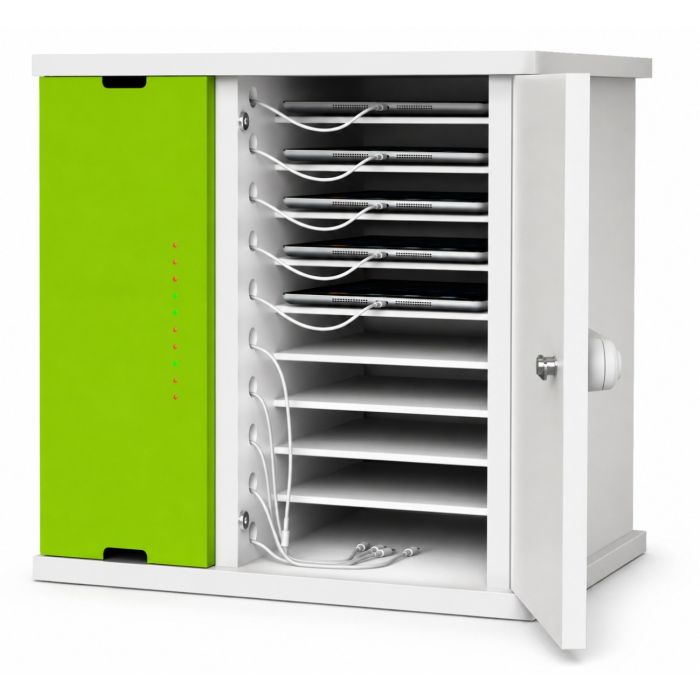Open Zioxi onView2 iPad oplaadkast met zichtbare iPad-compartimenten en kabelbeheer.
