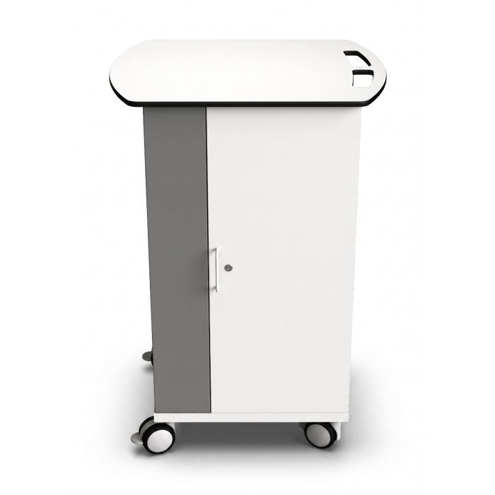 Vooraanzicht van de Zioxi onView2 Chromebook oplaadkar met een grijze en witte afwerking en wielen voor mobiliteit.
