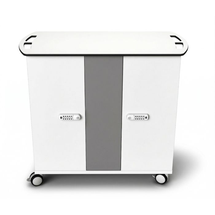Vooraanzicht van de Zioxi Chromebook oplaadkar met digitaal codeslot en wielen voor mobiliteit.