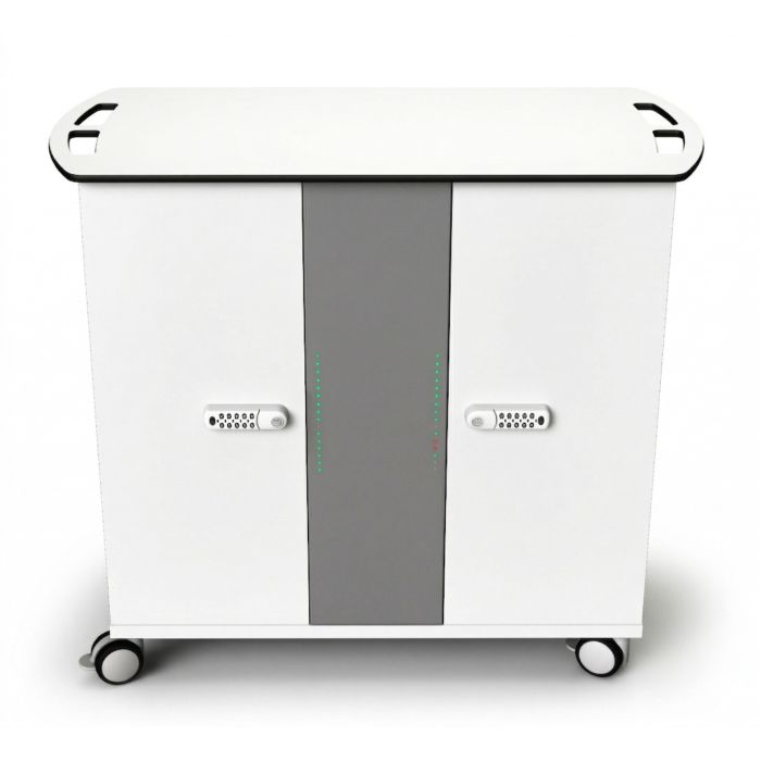 Vooraanzicht van de Zioxi onView2 Chromebook USB-C oplaadkar met digitale codeslot en LED-indicatoren.