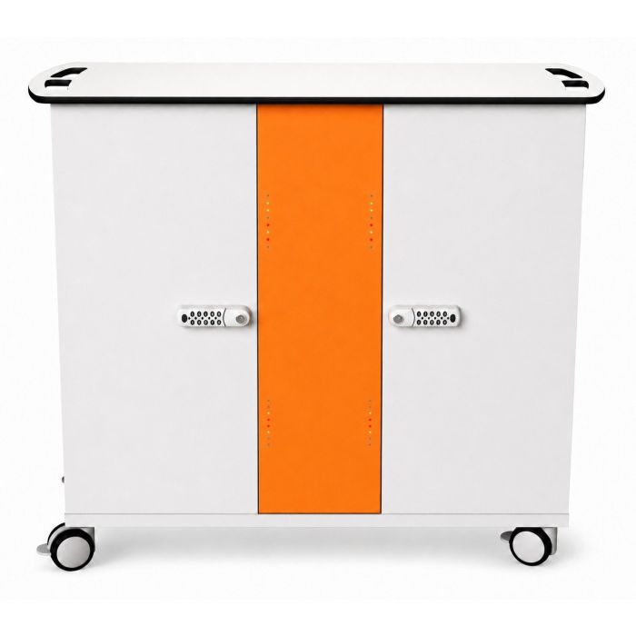 Front view of Zioxi onView2 iPad USB-C oplaadkar met een opvallende oranje deur en digitaal codeslot.