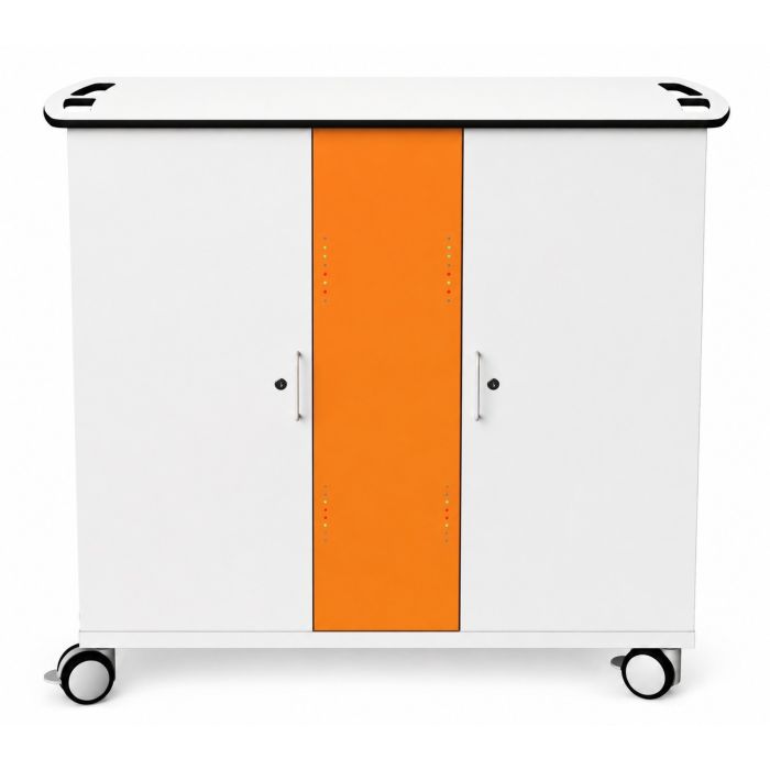 Front view of Zioxi onView2 iPad USB-C oplaadkar met opvallende oranje deur en wielen voor mobiliteit.