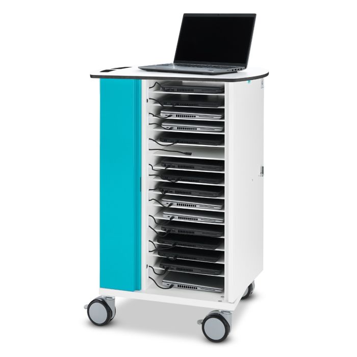 Zijaanzicht van de Zioxi laptop oplaadkar met open compartimenten voor 16 laptops en een laptop op de bovenkant.