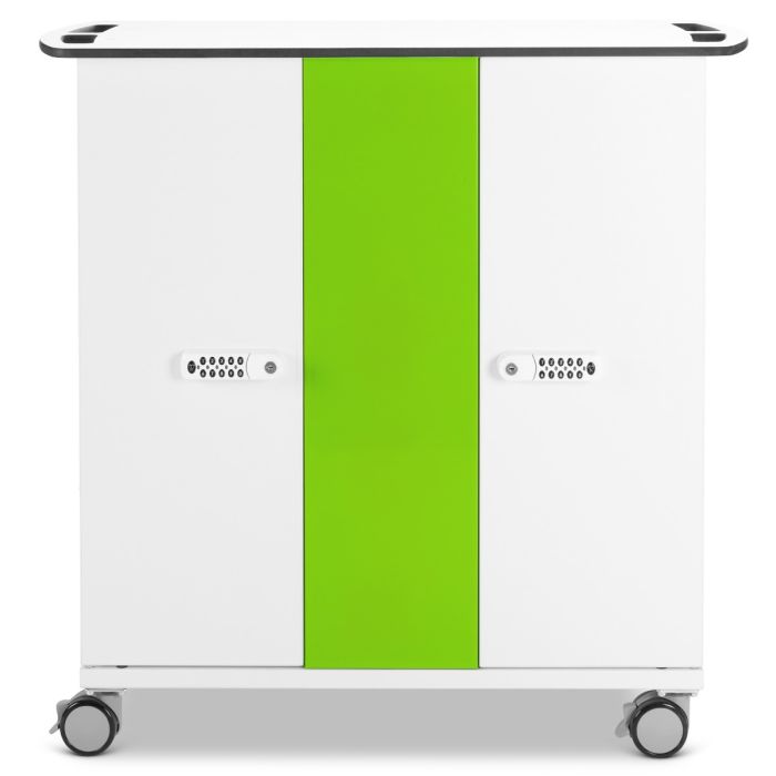 Front view of Zioxi iPad USB-C oplaadkar met groene middenstrip en digitale codeslot.