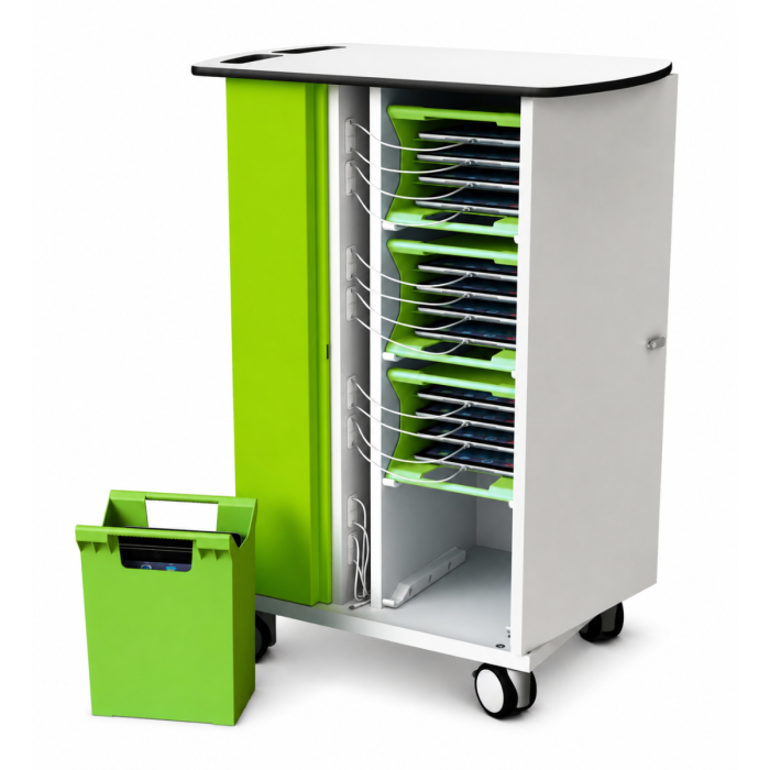Open Zioxi iPad oplaadkar met zichtbare iPad-compartimenten en kabelbeheer, naast een groene opbergbox.
