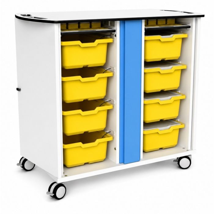 Zijaanzicht van de Zioxi LEGO USB-A oplaadkar met open gele opbergdozen voor LEGO SPIKE sets.
