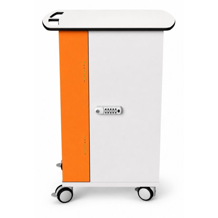 Vooraanzicht van de Zioxi onView2 iPad oplaadkar met een oranje zijpaneel en digitaal codeslot.