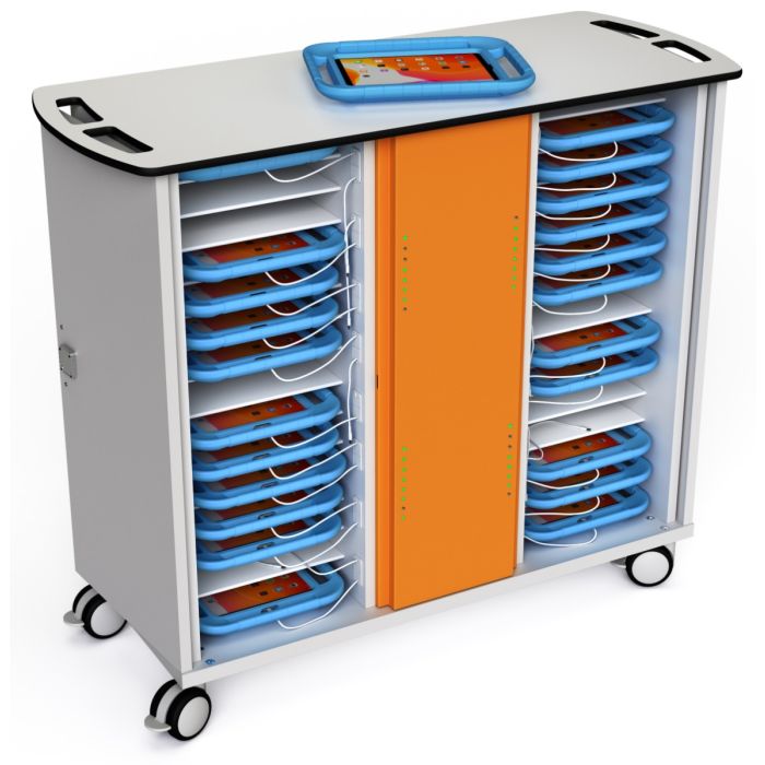 Open Zioxi onView2 iPad oplaadkar met zichtbare compartimenten voor 32 iPads in kinderhoezen.