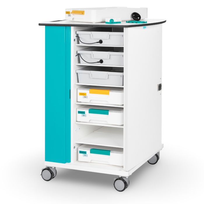 Zioxi LEGO Science oplaadkar met open vakken en opbergbakken voor educatieve kits, schuin vooraanzicht.