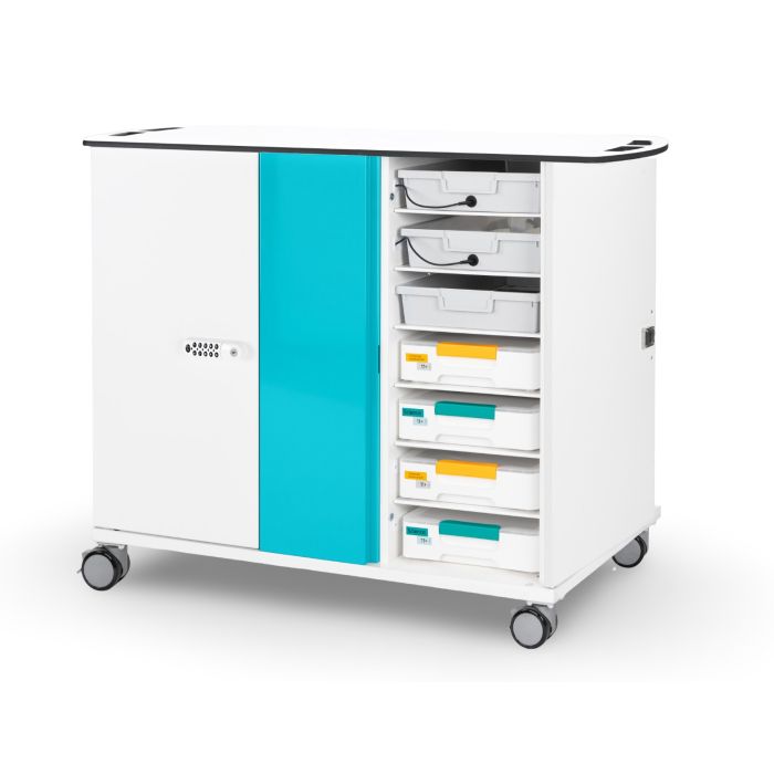 Vooraanzicht van de Zioxi LEGO Science oplaadkar met open laadladen voor kits en digitaal codeslot.