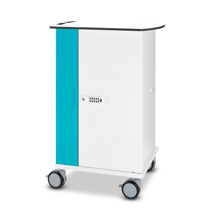 Zijaanzicht van de Zioxi onView2 laptop oplaadkar met digitaal codeslot en wielen voor mobiliteit.