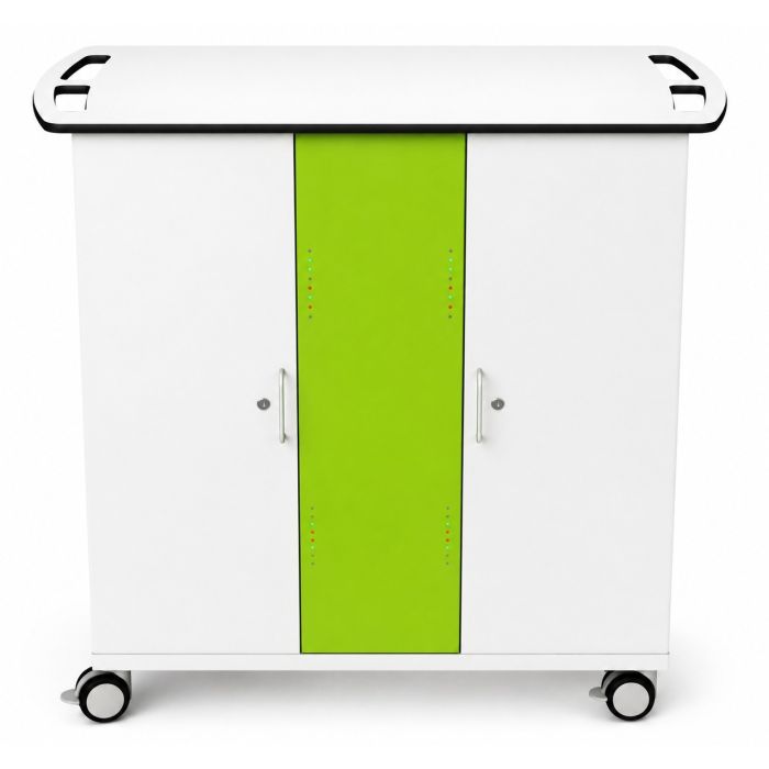 Front view of Zioxi iPad USB-C oplaadkar with vibrant green panel and locking mechanism.