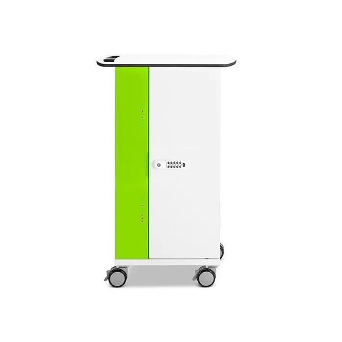 Zijaanzicht van de Zioxi iPad USB-C oplaadkar met groene en witte afwerking en digitaal codeslot.