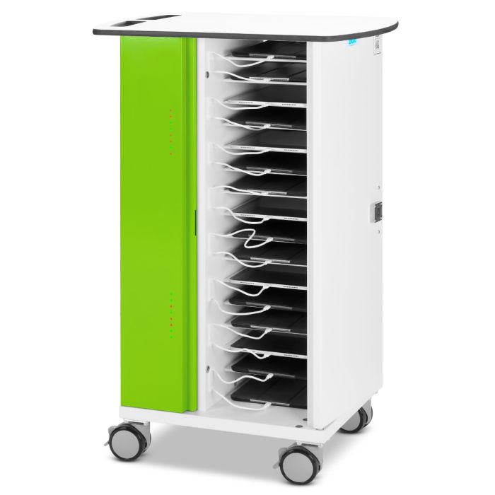 Open Zioxi onView2 oplaadkar met zichtbare iPad-compartimenten en kabelbeheer, in een studio-opstelling.
