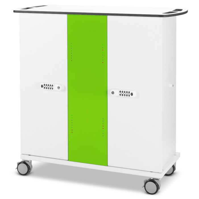 Voorkant van de Zioxi onView2 iPad USB-C oplaadkar met groene accenten en digitale codesloten.