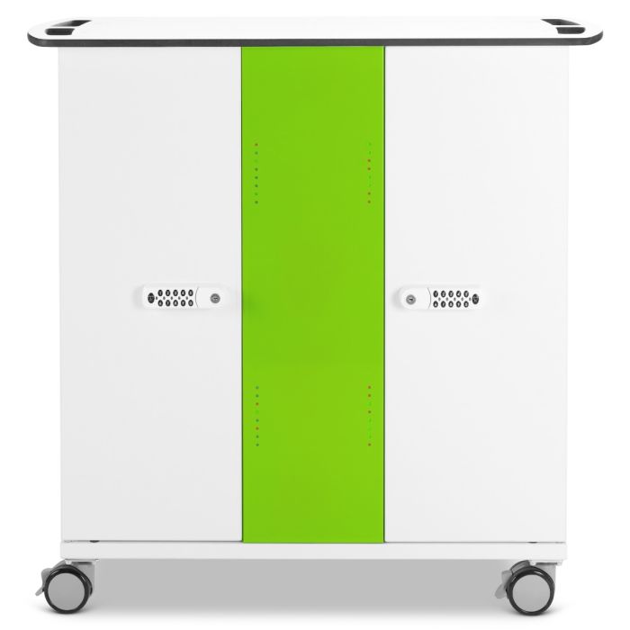 Front view of Zioxi iPad USB-C oplaadkar with distinctive green panel and digital code lock.