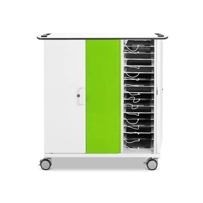 Open Zioxi onView2 iPad oplaadkar met zichtbare iPad-compartimenten en kabelbeheer.