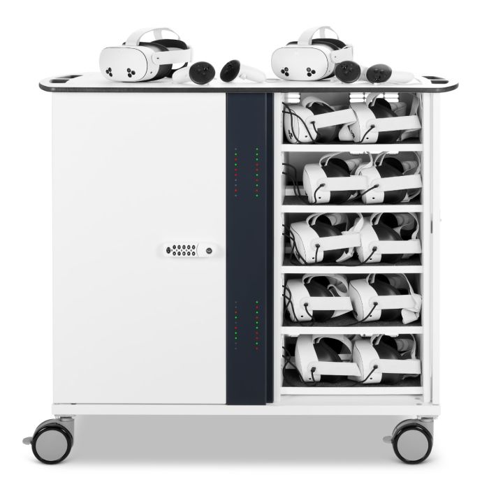 Vooraanzicht van de Zioxi onView2 VR headset oplaadkar met 40 VR headsets en digitale codeslot.