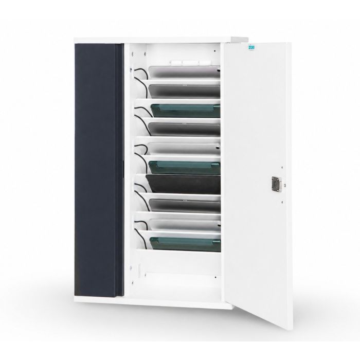 Geopende Zioxi tablet wandkast voor 10 tablets met zichtbare oplaadvakken en RFID-slot voor veilig beheer van mobiele apparaten.