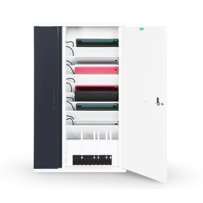 Open Zioxi wandkast voor 10 iPads met zichtbare oplaadvakken en opbergruimte voor Lightning pencils.