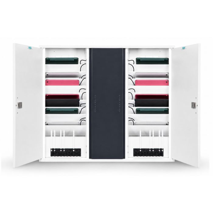 Open Zioxi onView iPad & USB-C wandkast met opbergvakken voor 20 iPads en speciale houders voor Apple Pencils in een overzichtelijk interieur.