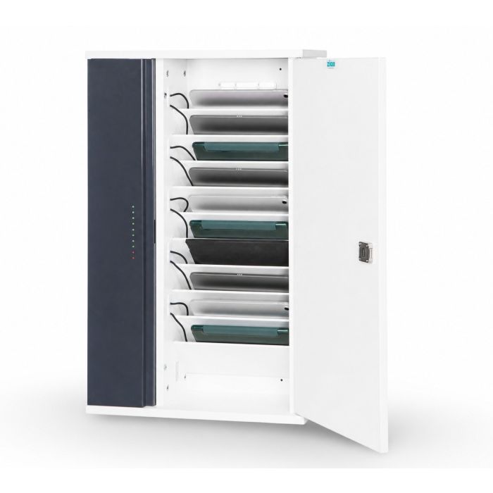 Open Zioxi USB-C wandkast voor 10 tablets met zichtbare oplaadvakken en kabelmanagement.