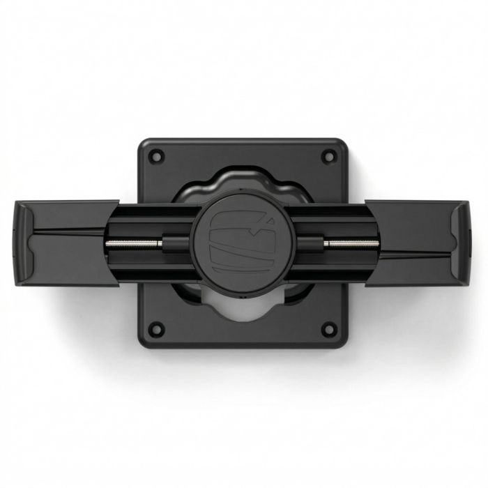 Bovenaanzicht van de Compulocks Cling wandhouder voor tablets, zwart, met open mechanisme voor tabletbevestiging.