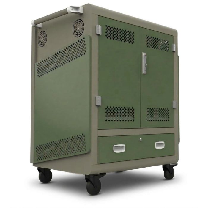 Zijaanzicht van de Indota CM37 AC oplaadkar met gesloten deuren en zichtbare ventilatieopeningen.