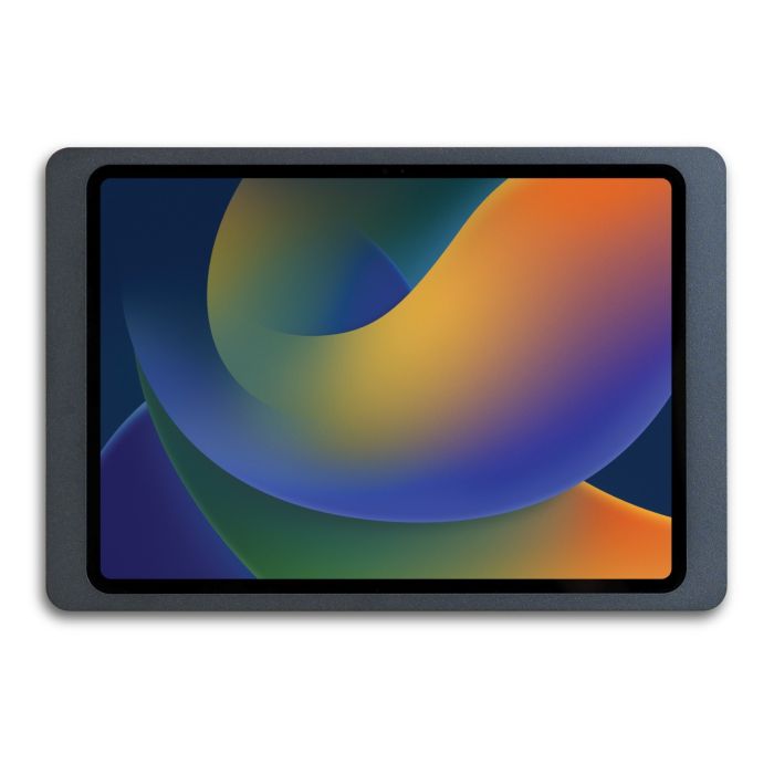 Bovenaanzicht van de Displine Companion Wall 2.0 wandhouder met iPad Air 11 inch, antraciet, met kleurrijke achtergrond.