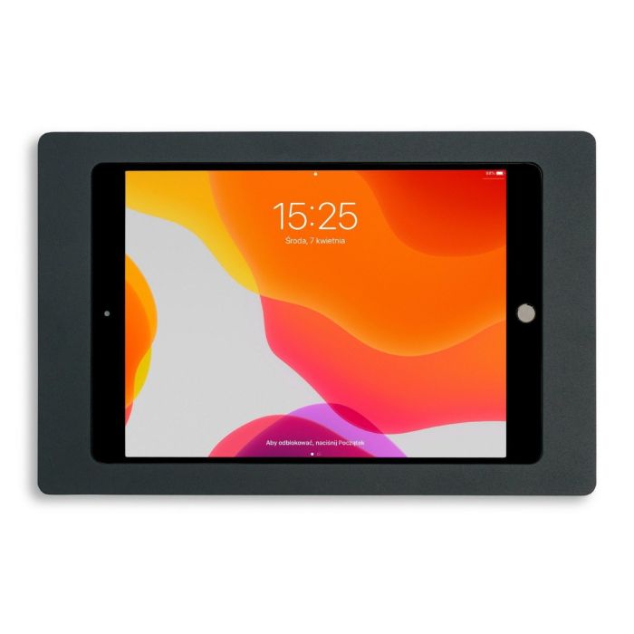 Recht vooraanzicht van de antracietkleurige Displine Companion Wall wandhouder met een geplaatste iPad 10.2 inch in een strakke, vaste behuizing.