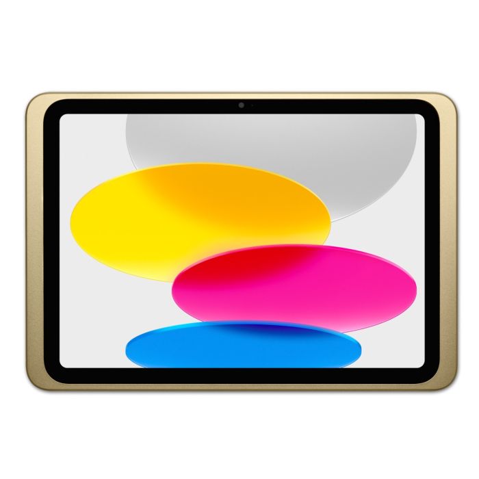 Recht vooraanzicht van de gouden Displine Dame Wall 2.0 wandhouder met een geplaatste iPad 10.9 inch (2022) tegen een witte, neutrale achtergrond.