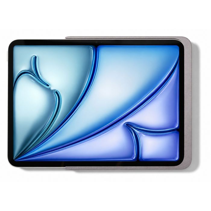 Bovenaanzicht van de Displine Dame Wall Home 2.0 wandhouder met iPad Air 10.9 inch, zichtbaar in een stijlvolle titanium afwerking.