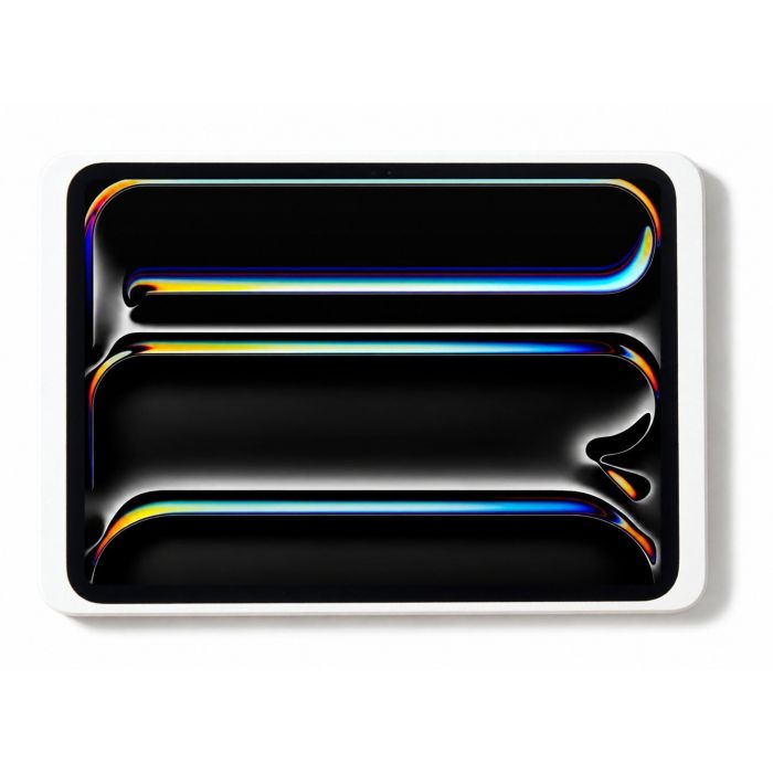 Recht vooraanzicht van de witte Displine Dame Wall 2.0 wandhouder voor iPad Pro 11 inch (2024) met een abstract, kleurrijk scherm op de tablet.