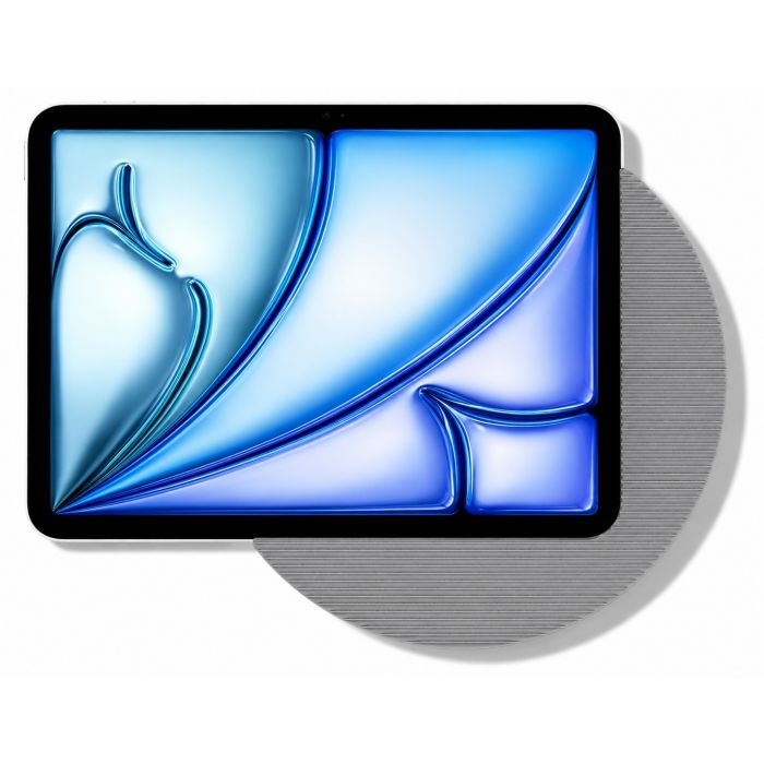Detailweergave van de Displine Moonlight wandhouder met iPad Air 11 inch, waarbij de titanium afwerking en het ontwerp zichtbaar zijn.