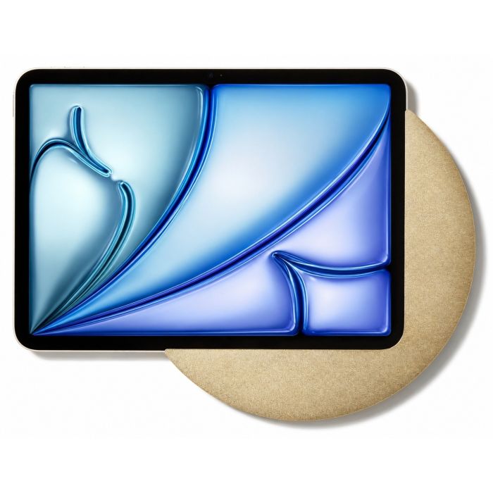 Detailweergave van de Displine Sunset wandhouder voor iPad Air 11 inch, met een gouden afwerking en een unieke, ronde basis.