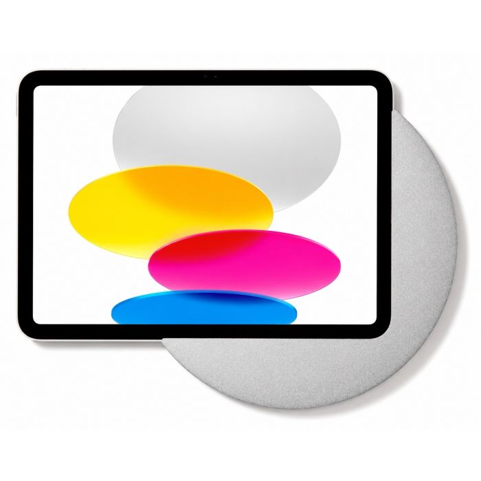 Detailweergave van de Displine Sunset wandhouder voor iPad 10.9 inch, met levendige kleuren op het scherm en een grijze wandhouder.