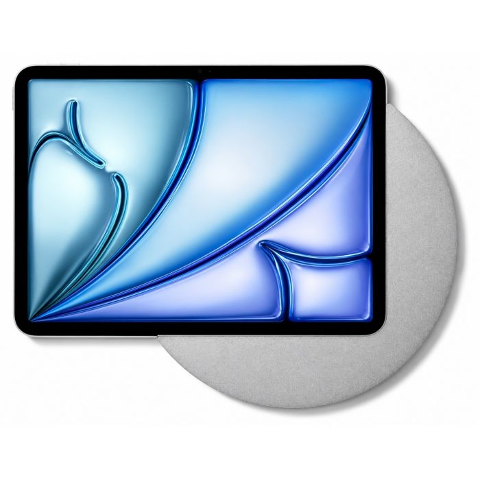 Detailopname van de Displine Sunset wandhouder voor iPad Air 11 inch, met een titanium afwerking en een unieke ronde basis.