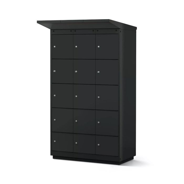Zijaanzicht van de Lockeel fietsaccu laadlocker met 12 compartimenten en sleutelslot, gesloten en in een neutrale omgeving.