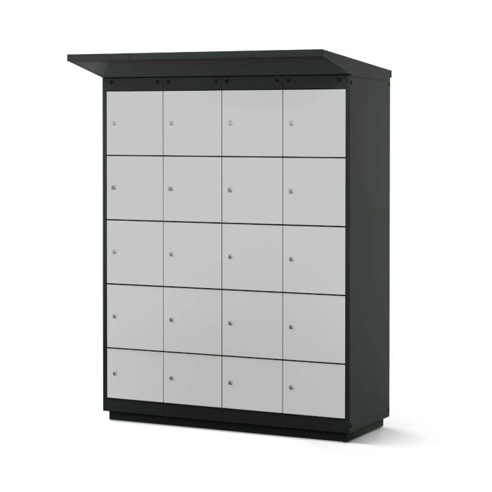 Vooraanzicht van de Lockeel fietsaccu laadlocker met 16 compartimenten en muntslot.