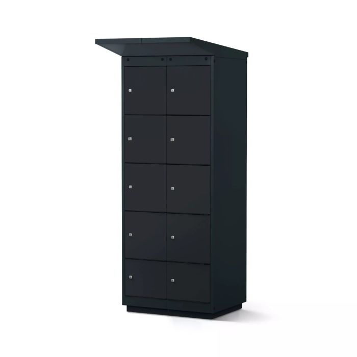 Zijaanzicht van de Lockeel fietsaccu laadlocker met 8 compartimenten en sleutelslot, gesloten en klaar voor gebruik.