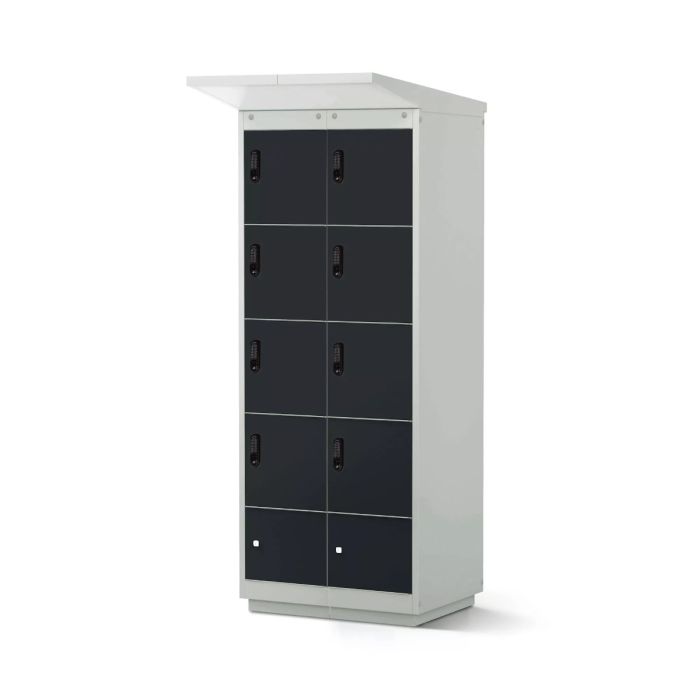 Zijaanzicht van de Lockeel fietsaccu laadlocker met 8 compartimenten en elektronische codesloten.