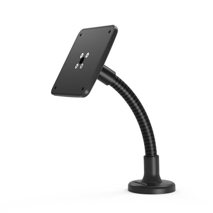 Zijaanzicht van de Compulocks Flex VESA tafelhouder in zwart, met flexibele arm en stevige basis.