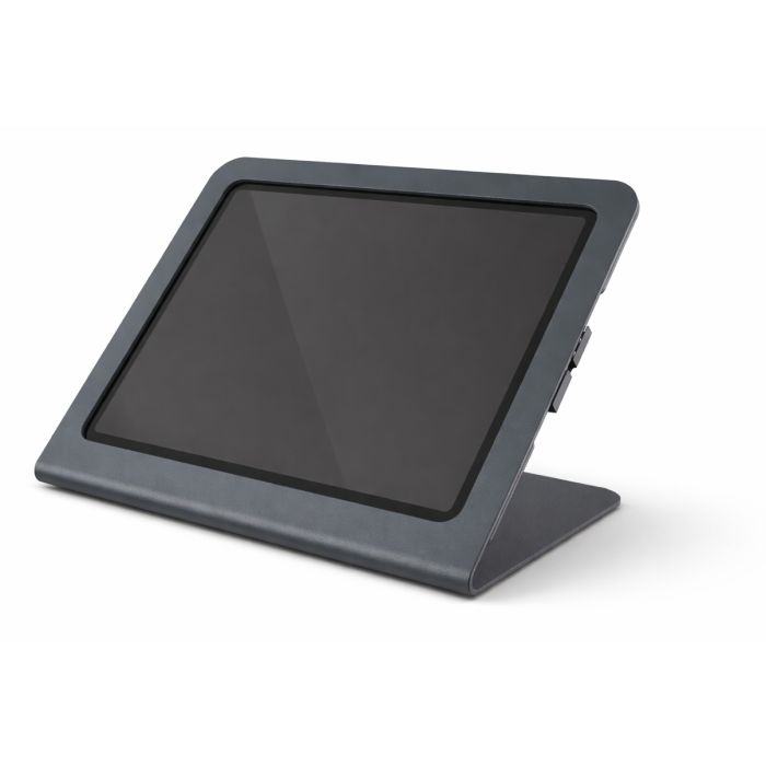 Zijaanzicht van de Heckler Design Windfall tabletstandaard voor iPad Air, in gebruik met een schuin scherm.