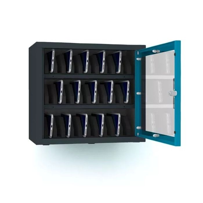 Vooraanzicht van de Lockeel telefoon opbergkast voor 30 telefoons met een openstaande blauwe deur en zichtbare vakken voor de mobiele apparaten.