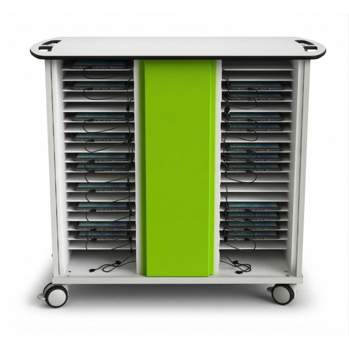 Vooraanzicht van de Zioxi iPad oplaadkar met open compartimenten voor 40 iPads en een opvallende groene middenstrook.