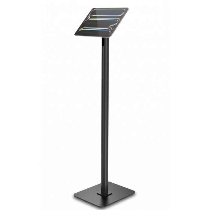 Zijaanzicht van de Compulocks Swift Invisible tablet vloerstandaard met een moderne, slanke afwerking.