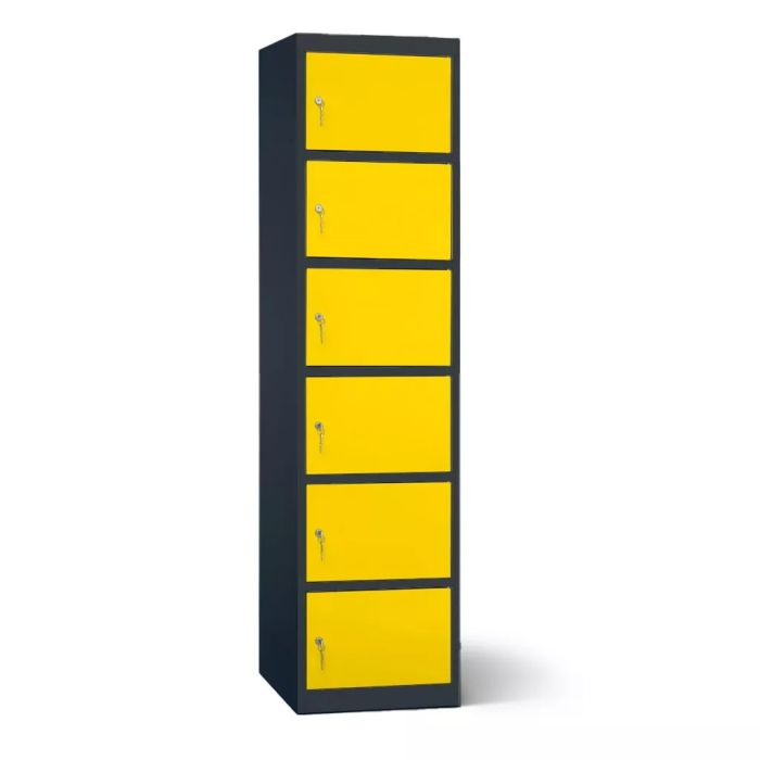 Zijaanzicht van de Lockeel accu laadlocker met zes gele compartimenten en sleutelslot.