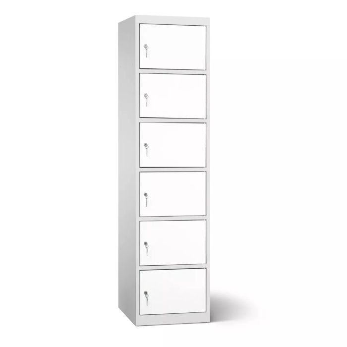 Zijaanzicht van de Lockeel accu laadlocker met 6 compartimenten, gesloten met sleutelslot.