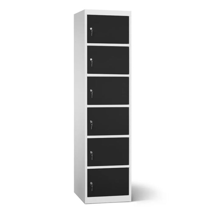 Zijaanzicht van de Lockeel accu laadlocker met 6 compartimenten en sleutelslot, gesloten en gemonteerd.