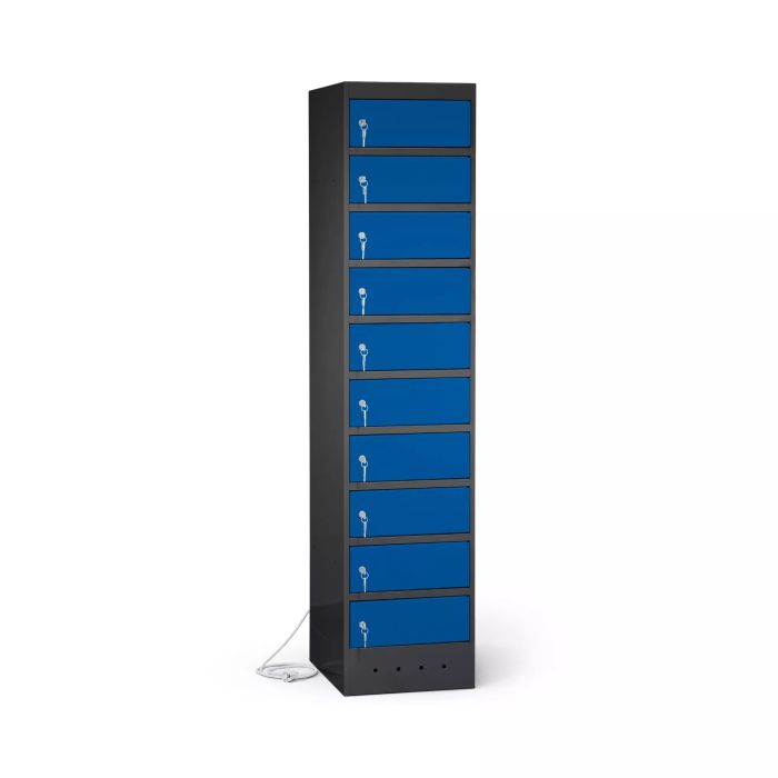 Zijaanzicht van de Lockeel laptop laadlocker met 10 compartimenten, gesloten met sleutelsloten en een kabel voor stroomvoorziening.